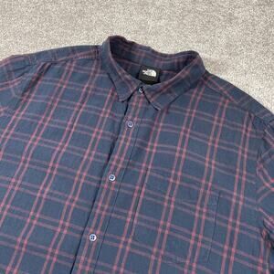 North Face Button Up Shirt Mens XXL Plaid Outdoors Cotton Short Sleeve 2XL Blue